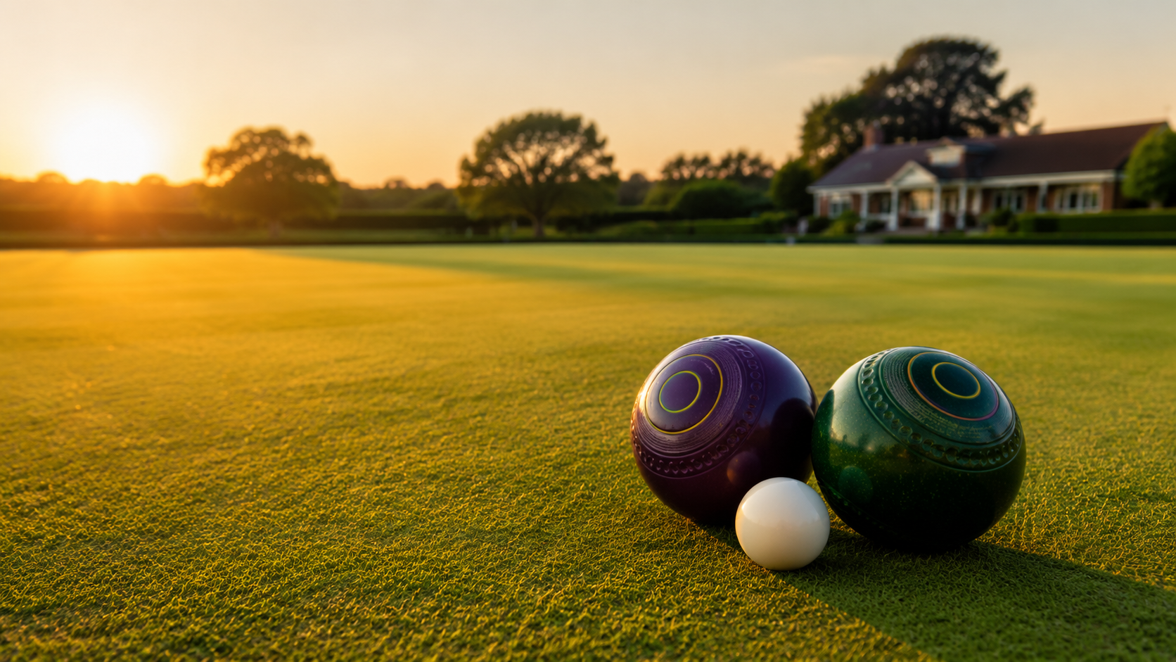 Colourful bowls and jack on a welcoming lawn bowls green